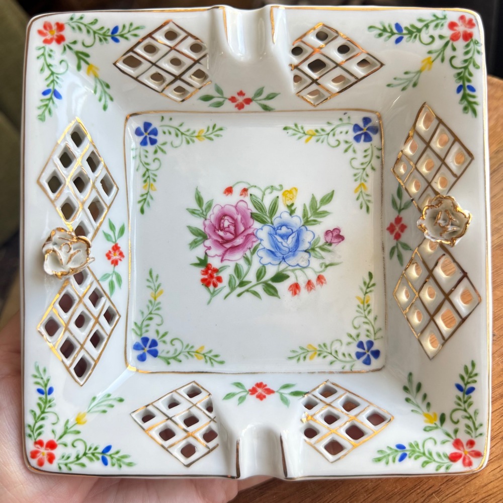 Vintage Limoges Style Ashtray Porcelain Floral Gold Trim Lattice Trinket Dish